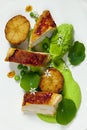 Roast chicken with fondant potatoes, pea mousse, pea puree, garlic flowers and nasturtium leaves Royalty Free Stock Photo