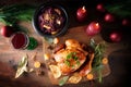 Roast chicken with red cabbage and wine on dark rustic wood with candles and Christmas decoration, festive poultry dinner for Royalty Free Stock Photo