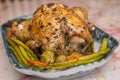Roast chicken with roasted asparagus Royalty Free Stock Photo