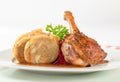 Roast duck with bread dumplings and red cabbage Royalty Free Stock Photo