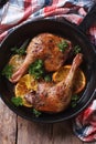 Roast duck leg with oranges and parsley vertical top view Royalty Free Stock Photo