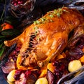 Roast duck with potato dumplings and plums Royalty Free Stock Photo