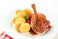 Roast duck with potato dumplings and red cabbage Royalty Free Stock Photo