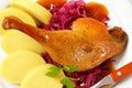 Roast duck with potato dumplings and red cabbage Royalty Free Stock Photo