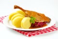 Roast duck with potato dumplings and red cabbage Royalty Free Stock Photo