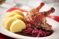 Roast duck, red cabbage and potato dumplings