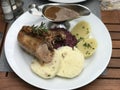 Roast Duck, Dumplings, Red Cabbage, Potatoes and Gravy European Cuisine Served on a White Plate