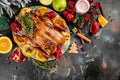 Roast duck stuffed with baked apples, festive christmas dish banner, menu, recipe place for text, top view Royalty Free Stock Photo