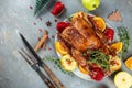 Roast duck stuffed with baked apples, festive christmas dish banner, menu, recipe place for text, top view Royalty Free Stock Photo