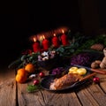 Roast goose with baked apples, red cabbage and dumplings Royalty Free Stock Photo