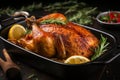 Roast goose in a pan succulent golden brown bird cooked to perfection in a traditional pan