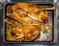Roast goose in a roasting pan Royalty Free Stock Photo