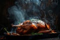 Roast goose stuffed with baked apples in a skillet on a dark wooden background. Generative AI Royalty Free Stock Photo