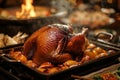 Roast goose stuffed with baked apples in a skillet on a dark wooden background. Generative AI Royalty Free Stock Photo