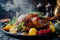 Roast goose stuffed with baked apples in a skillet on a dark wooden background. Generative AI Royalty Free Stock Photo