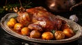 Roast goose stuffed with baked apples in a skillet on a dark wooden background. Generative AI Royalty Free Stock Photo