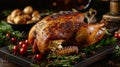 Roast goose stuffed with baked apples in a skillet on a dark wooden background. Generative AI Royalty Free Stock Photo