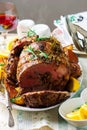 Roast lamb leg with Vegetables.style rustic. Royalty Free Stock Photo