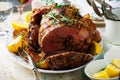 Roast lamb leg with Vegetables.style rustic. Royalty Free Stock Photo