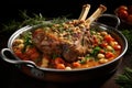 Roast lamb shank with herbs and vegetables. Generative AI Royalty Free Stock Photo