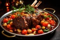 Roast lamb shank with herbs and vegetables. Generative AI Royalty Free Stock Photo