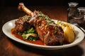 Roast lamb shank with herbs and vegetables. Generative AI Royalty Free Stock Photo