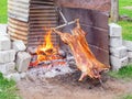 Roast lamb on the sword, near a open fire, Patagonia, Chile