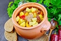 Roast meat and vegetables in clay pot on board Royalty Free Stock Photo