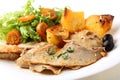 Roast pork beef dish with salad and potatoes