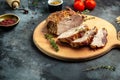 Roast pork. Big Piece of Slow Cooked Oven-Barbecued Pulled Pork shoulder with mustard and thyme. banner, menu recipe place for