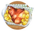 Roast pork knuckle with boiled potatoes in tray