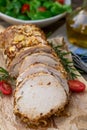 Roast pork loin in mustard marinade with rosemary Royalty Free Stock Photo