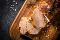 Roast pork meat with spices and herbs. Top view. Royalty Free Stock Photo