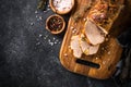 Roast pork meat with spices and herbs. Top view. Royalty Free Stock Photo