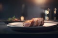 Roast pork on a plate in the kitchen. Selective focus.