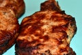 Roast pork steak with bone on a plate background