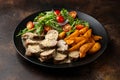 Roast Pork Tenderloin in mustard gravy with vegetables and potato wedges Royalty Free Stock Photo