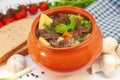 Roast in a pot with beef meat and potatoes on the table Royalty Free Stock Photo