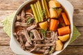 Roast pot of slow cooked beef with vegetables in a spicy sauce close-up in a frying pan. horizontal top view Royalty Free Stock Photo