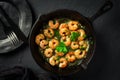 Roast Prawns Shrimps in a pan with herbs and garlic Royalty Free Stock Photo