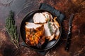 Roast rolled pork ham meat on plate with thyme. Dark background. Top view Royalty Free Stock Photo