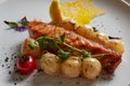 Roast salmon with potatoes on white plate. Shallow dof Royalty Free Stock Photo