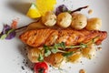 Roast salmon with potatoes on white plate. Shallow dof Royalty Free Stock Photo