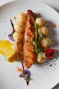 Roast salmon with potatoes on white plate. Shallow dof Royalty Free Stock Photo