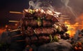 Roast shashlik picnic cook beef background kebab skewer meal meat fire grill food