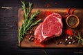 fresh meat grill beef dark raw food fried steak red background. Generative AI.