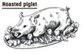 Roast suckling pig. Roasted piglet with vegetables on platter. Royalty Free Stock Photo