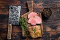 Roast Tenderloin beef fillet meat on a wooden board with herbs. Dark wooden background. Top view