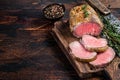 Roast Tenderloin beef fillet meat on a wooden board with herbs. Dark wooden background. Top view. Copy space