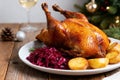 Danish roasted duck, golden crispy skin with red cabbage and potatoes, bright festive Christmas atmosphere, modern Scandinavian Royalty Free Stock Photo
